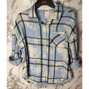 Justice Girls Double Weave Plaid Button-Up Shirt S 7/8  Blue Green White